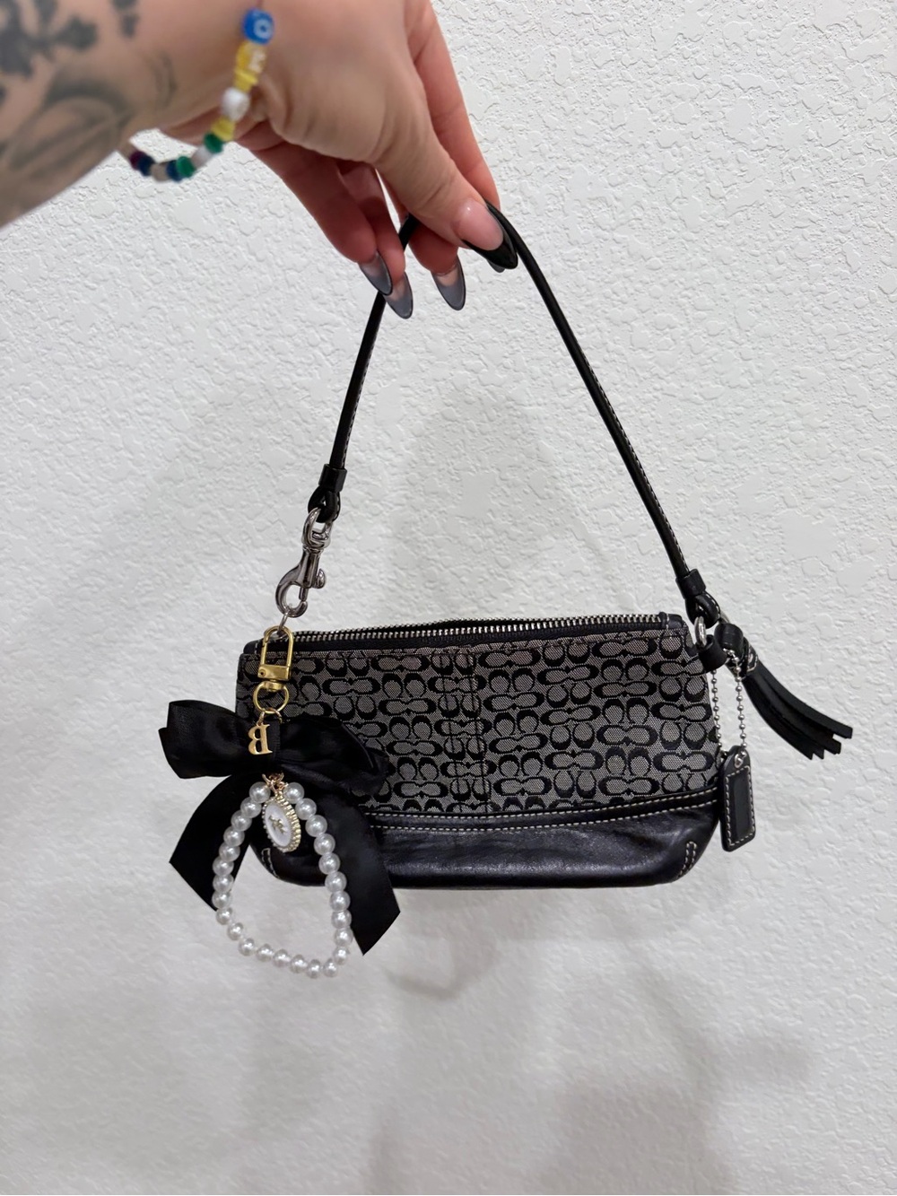 Coach Black & Charcoal Signature Wristlet with Pearl Bow Charm